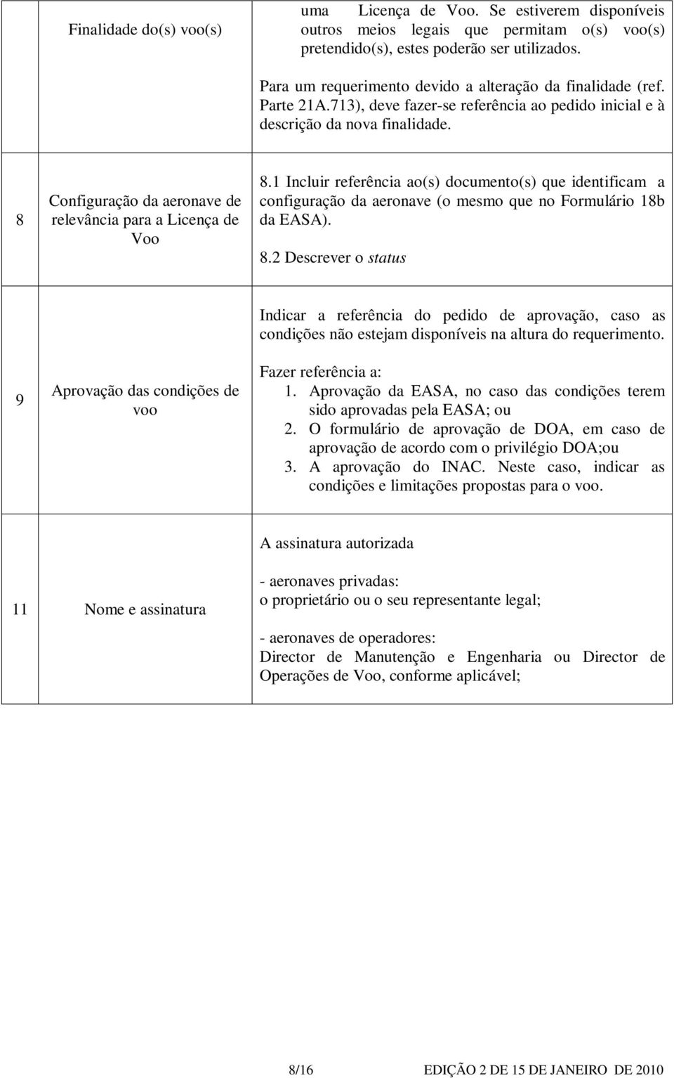 8 Configuração da aeronave de relevância para a Licença de Voo 8.