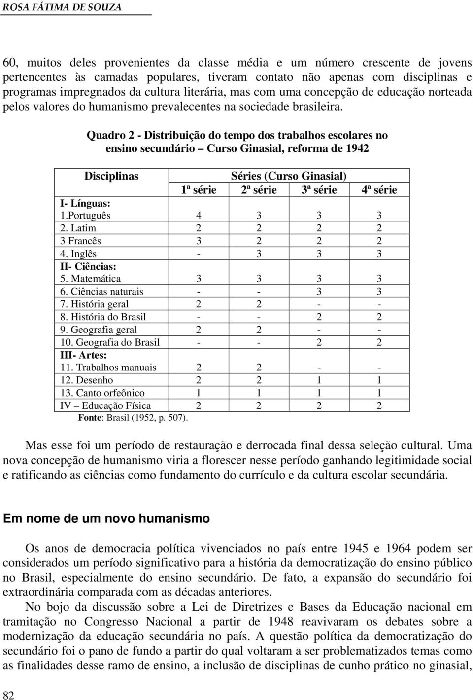 Quadro 2 - Distribuição do tempo dos trabalhos escolares no ensino secundário Curso Ginasial, reforma de 1942 Disciplinas Séries (Curso Ginasial) 1ª série 2ª série 3ª série 4ª série I- Línguas: 1.