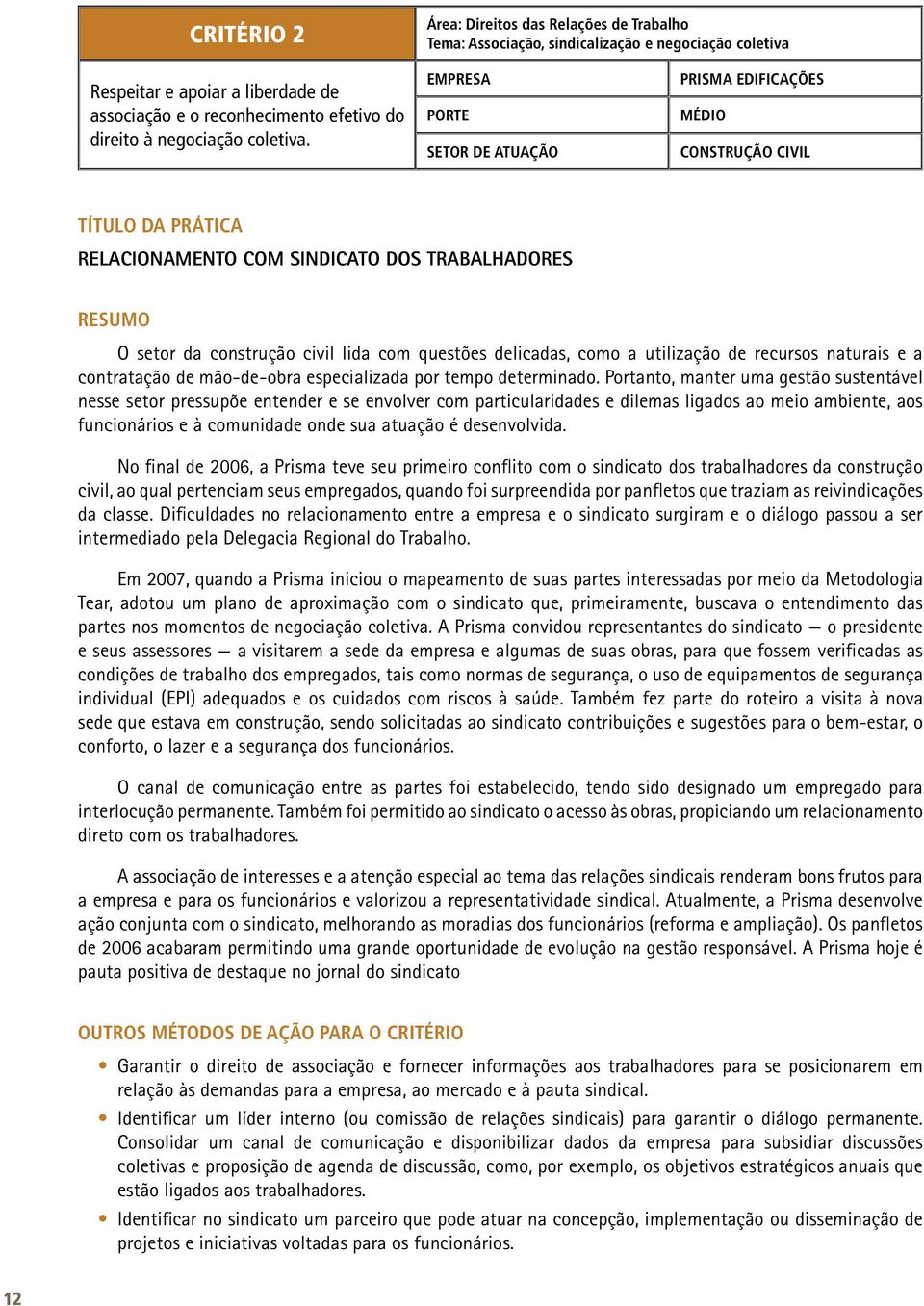 EMPRESA PORTE SETOR DE ATUAÇÃO PRISMA EDIFICAÇÕES MÉDIO CONSTRUÇÃO CIVIL TÍTULO DA PRÁTICA Relacionamento Com Sindicato Dos Trabalhadores RESUMO O setor da construção civil lida com questões