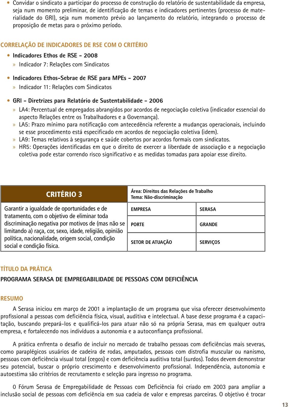 CORRELAÇÃO DE INDICADORES DE RSE COM O CRITÉRIO Indicadores Ethos de RSE - 2008»» Indicador 7: Relações com Sindicatos Indicadores Ethos-Sebrae de RSE para MPEs - 2007»» Indicador 11: Relações com