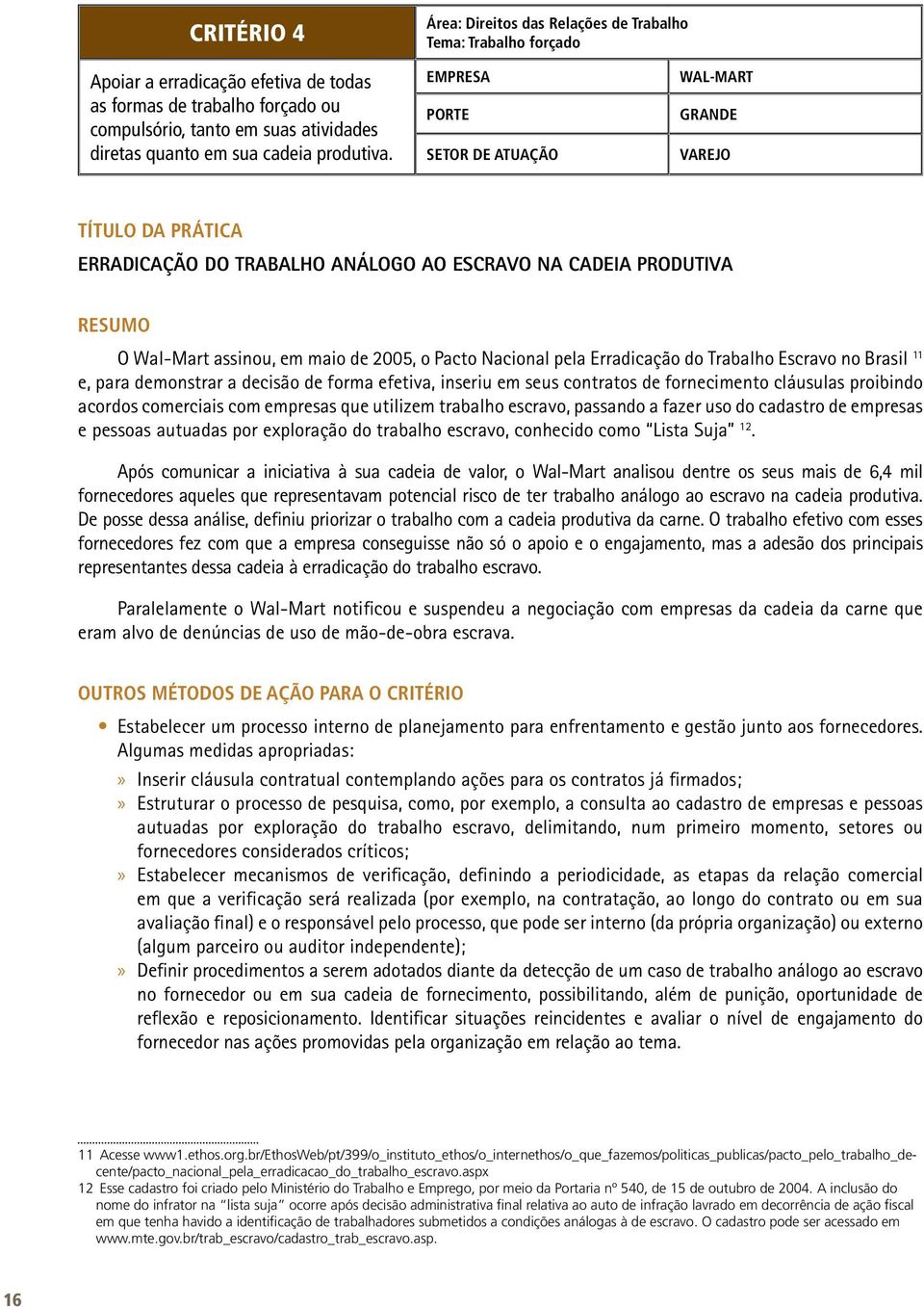 EMPRESA PORTE SETOR DE ATUAÇÃO WAL-MART GRANDE VAREJO TÍTULO DA PRÁTICA erradicação do trabalho análogo ao escravo na cadeia produtiva RESUMO O Wal-Mart assinou, em maio de 2005, o Pacto Nacional