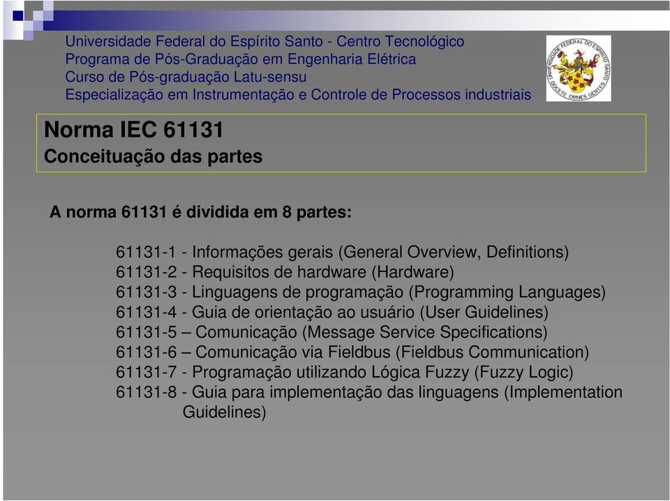 usuário (User Guidelines) 61131-5 Comunicação (Message Service Specifications) 61131-6 Comunicação via Fieldbus (Fieldbus