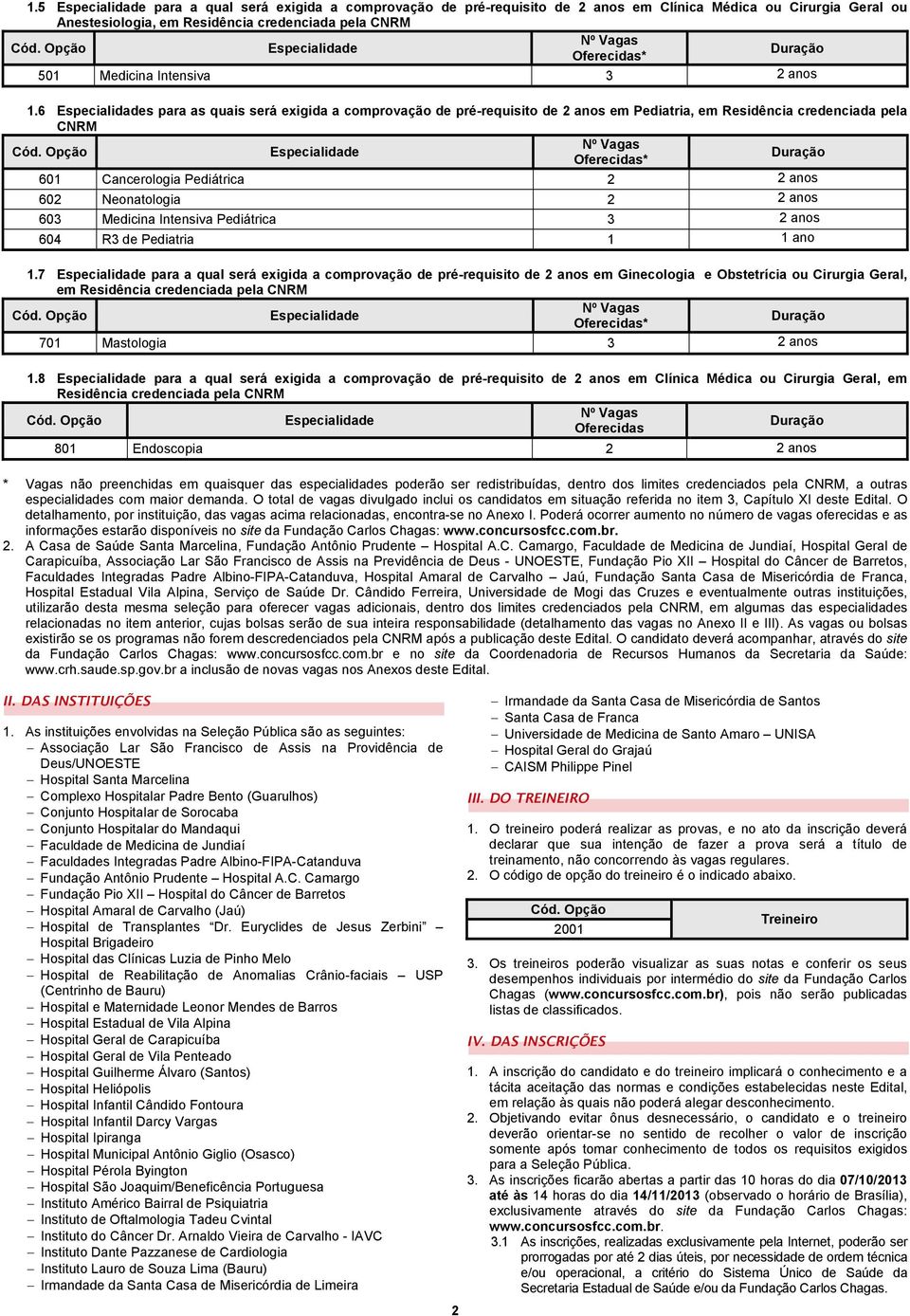 6 s para as quais será exigida a comprovação de pré-requisito de 2 anos em Pediatria, em Residência credenciada pela CNRM Oferecidas* 601 Cancerologia Pediátrica 2 2 anos 602 Neonatologia 2 2 anos
