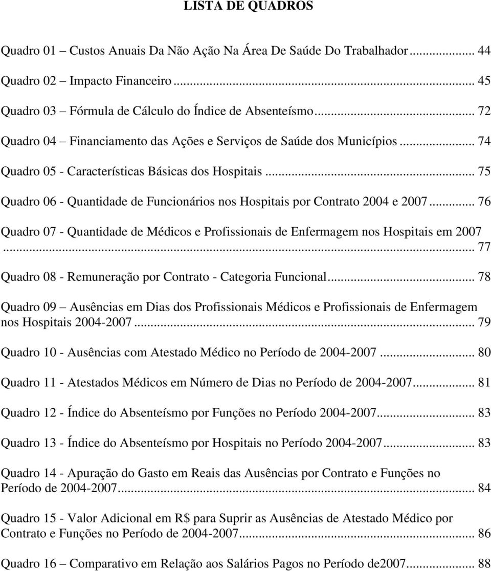 .. 75 Quadro 06 - Quantidade de Funcionários nos Hospitais por Contrato 2004 e 2007... 76 Quadro 07 - Quantidade de Médicos e Profissionais de Enfermagem nos Hospitais em 2007.