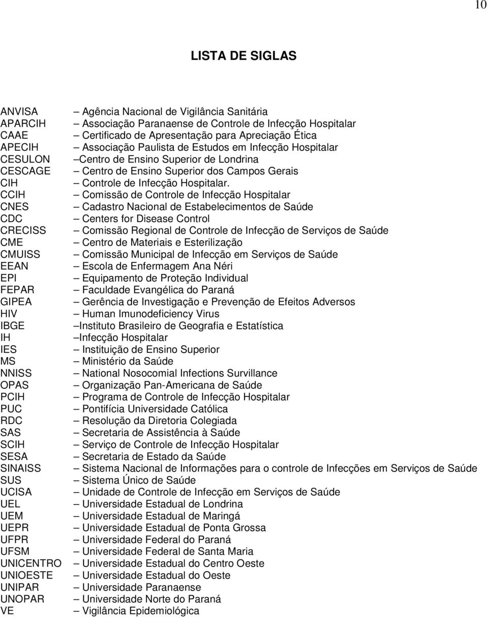 Ética Associação Paulista de Estudos em Infecção Hospitalar Centro de Ensino Superior de Londrina Centro de Ensino Superior dos Campos Gerais Controle de Infecção Hospitalar.