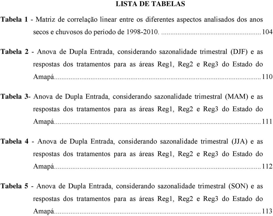 ... 110 Tabela 3- Anova de Dupla Entrada, considerando sazonalidade trimestral (MAM) e as respostas dos tratamentos para as áreas Reg1, Reg2 e Reg3 do Estado do Amapá.