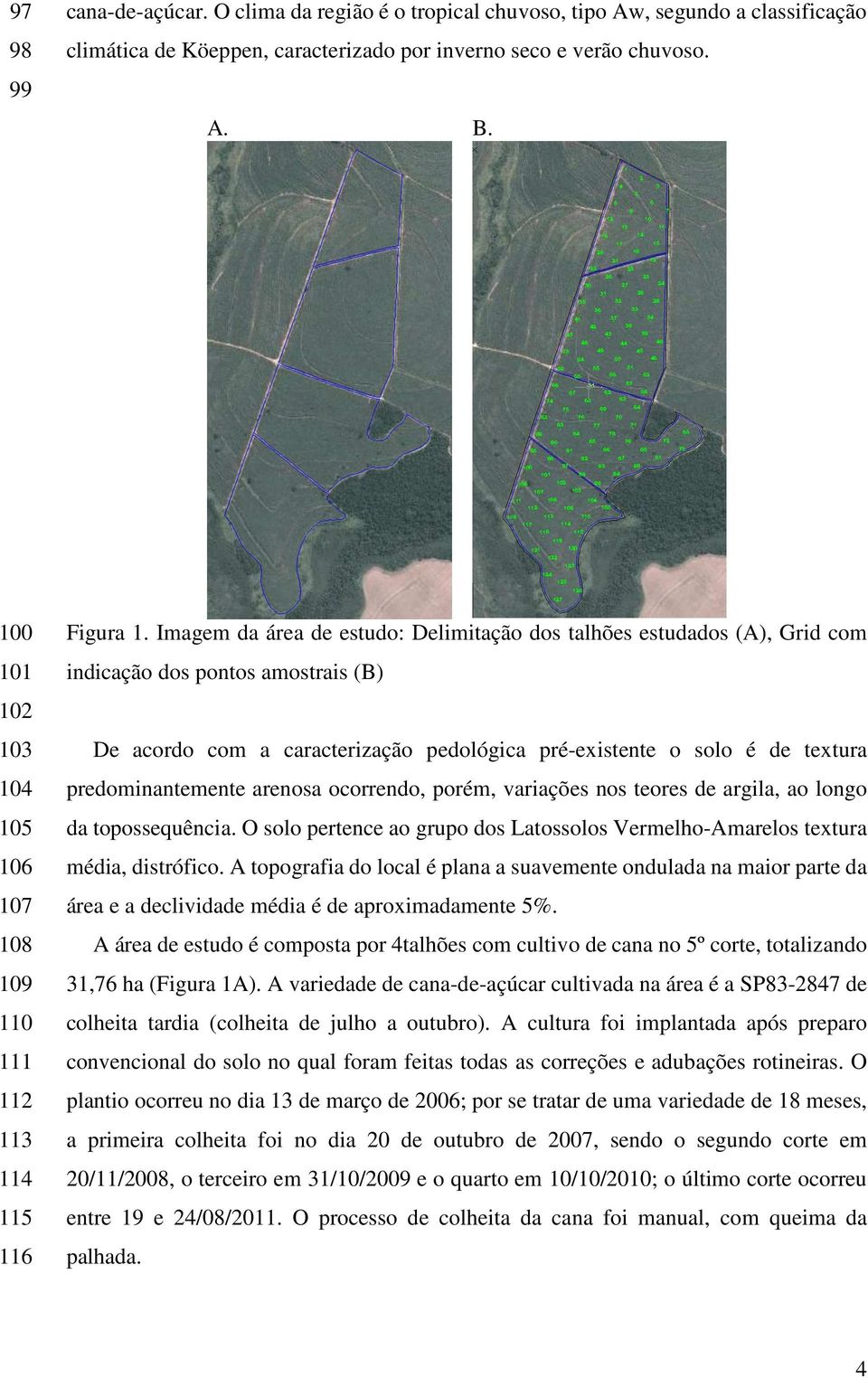 Imagem da área de estudo: Delimitação dos talhões estudados (A), Grid com indicação dos pontos amostrais (B) De acordo com a caracterização pedológica pré-existente o solo é de textura