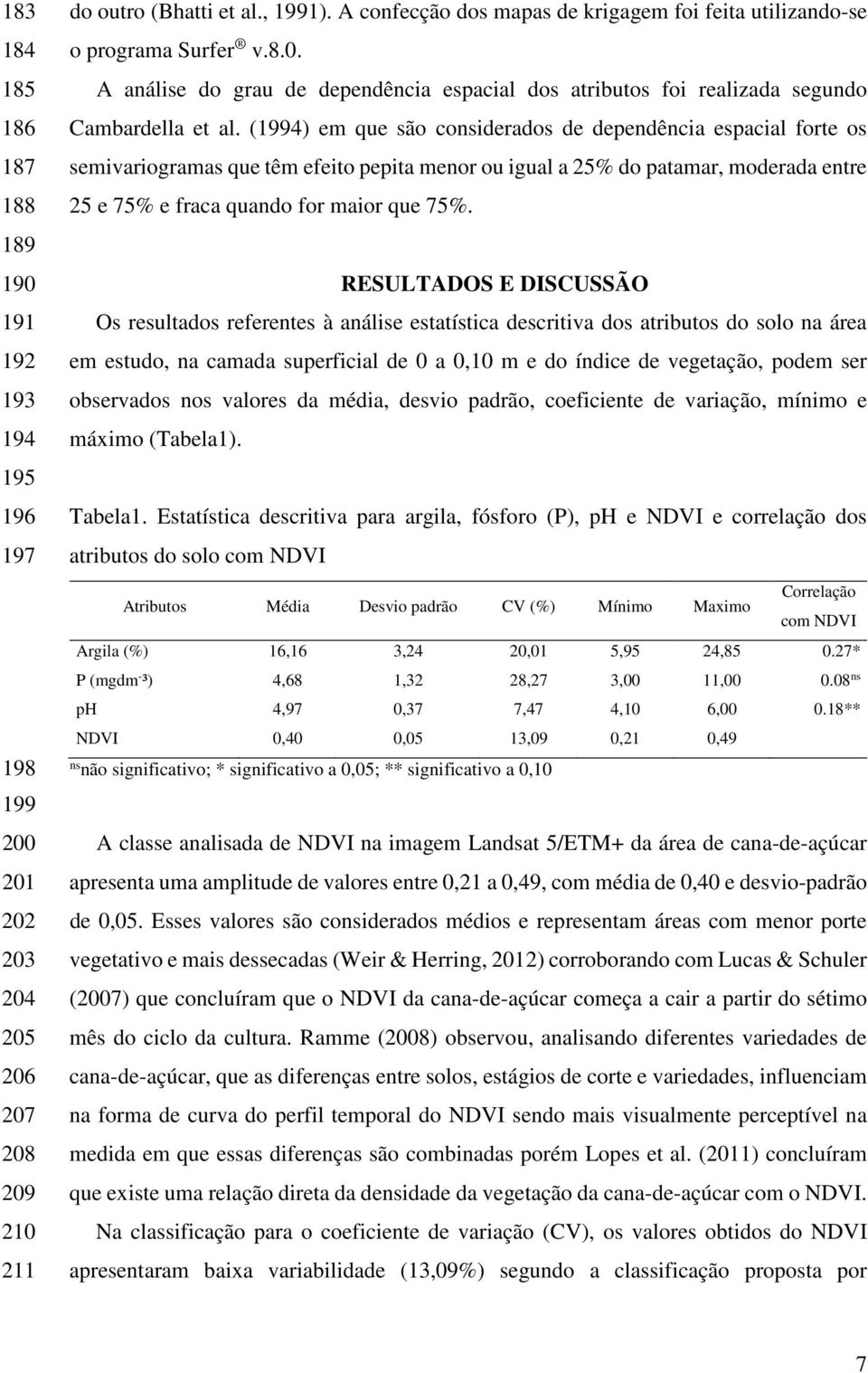 (1994) em que são considerados de dependência espacial forte os semivariogramas que têm efeito pepita menor ou igual a 25% do patamar, moderada entre 25 e 75% e fraca quando for maior que 75%.