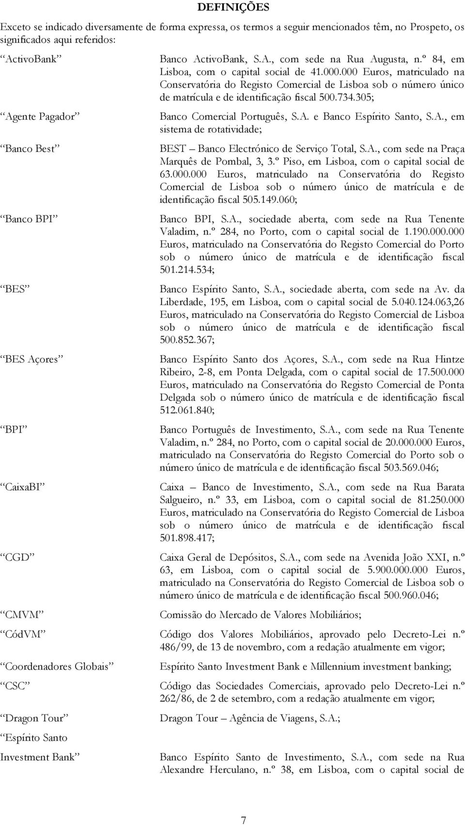 000.000 Euros, matriculado na Conservatória do Registo Comercial de Lisboa sob o número único de matrícula e de identificação fiscal 500.734.305; Banco Comercial Português, S.A.