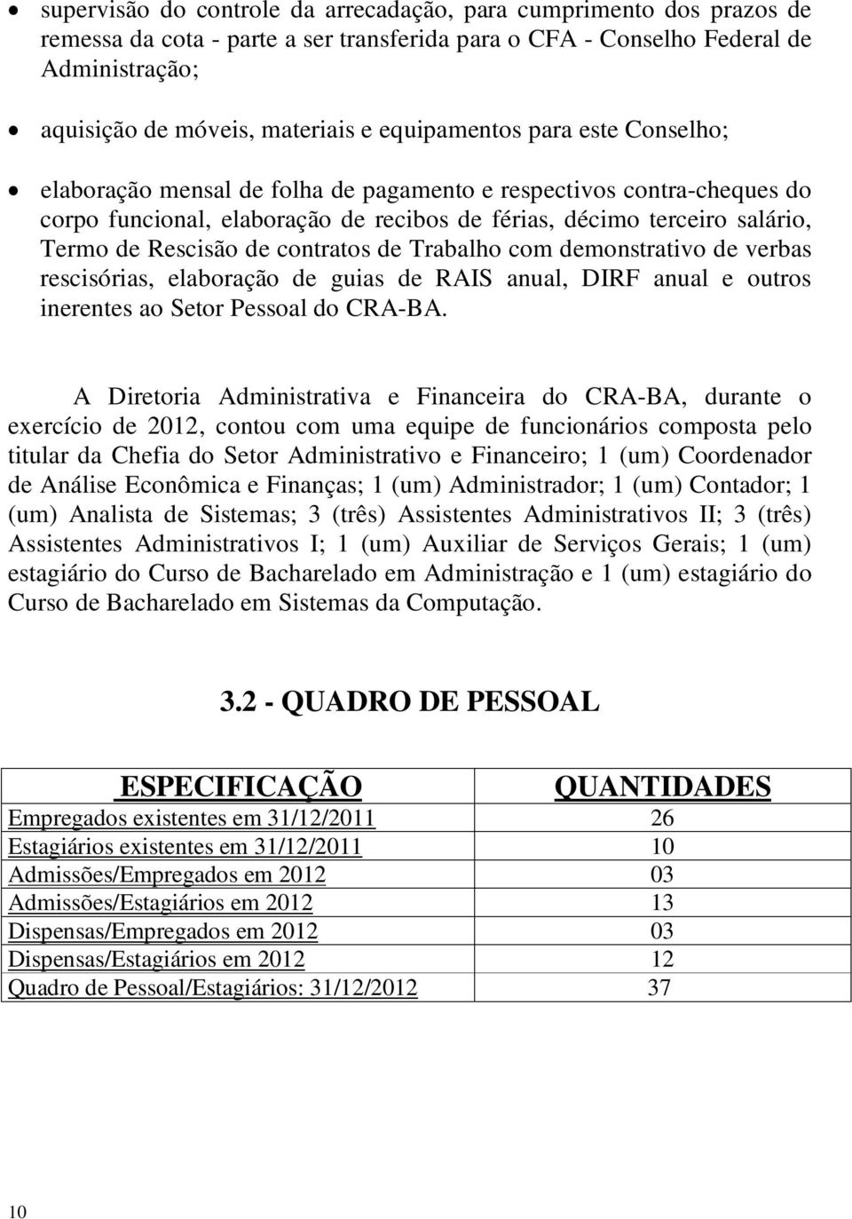 de contratos de Trabalho com demonstrativo de verbas rescisórias, elaboração de guias de RAIS anual, DIRF anual e outros inerentes ao Setor Pessoal do CRA-BA.