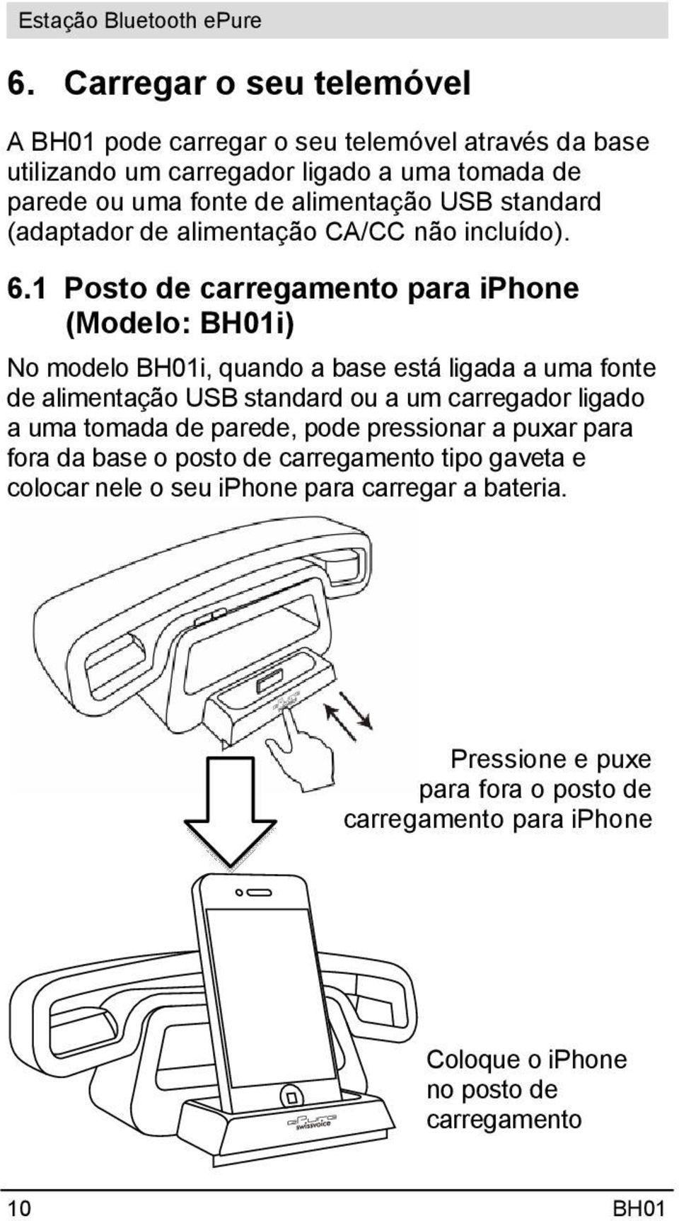 1 Posto de carregamento para iphone (Modelo: BH01i) No modelo BH01i, quando a base está ligada a uma fonte de alimentação USB standard ou a um carregador ligado a