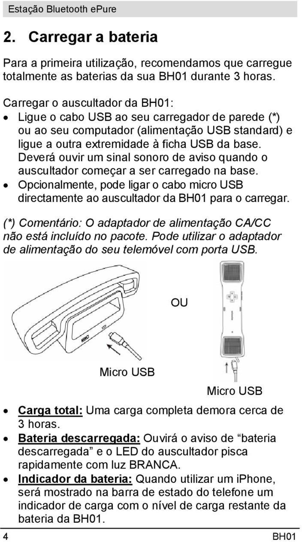 Deverá ouvir um sinal sonoro de aviso quando o auscultador começar a ser carregado na base. Opcionalmente, pode ligar o cabo micro USB directamente ao auscultador da BH01 para o carregar.