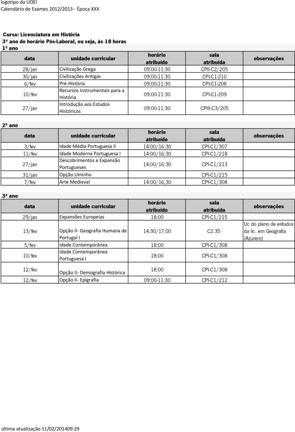 11/fev Idade Moderna Portuguesa I 14:00/16:30 CPI-C1/218 Descobrimentos e Expansão Portugueses 14:00/16:30 CPI-C1/213 31/jan Opção Uminho CPI-C1/215 7/fev Arte Medieval 14:00/16,30 CPI-C1/308
