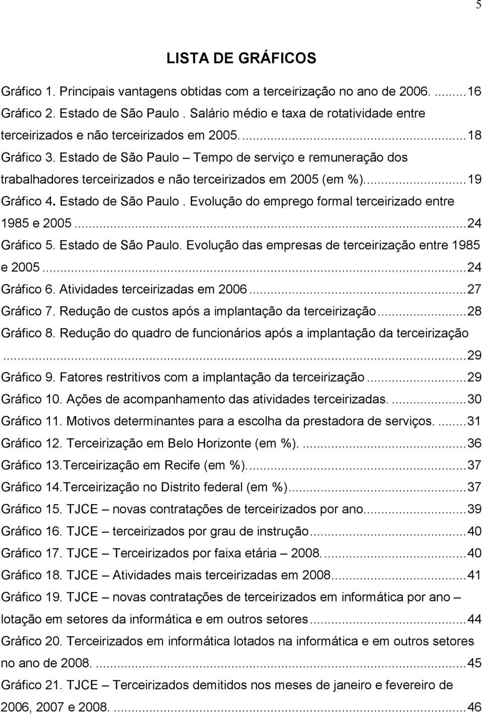 Estado de São Paulo Tempo de serviço e remuneração dos trabalhadores terceirizados e não terceirizados em 2005 (em %)...19 Gráfico 4. Estado de São Paulo.