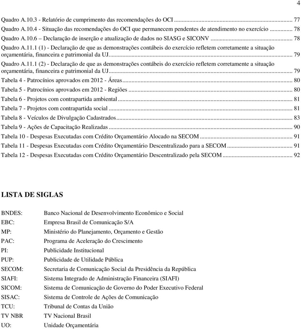 .. 79 Tabela 4 - Patrocínios aprovados em 2012 - Áreas... 80 Tabela 5 - Patrocínios aprovados em 2012 - Regiões... 80 Tabela 6 - Projetos com contrapartida ambiental.