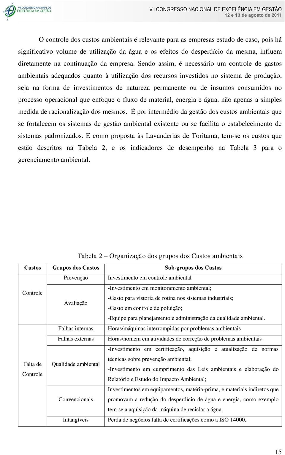 Sendo assim, é necessário um controle de gastos ambientais adequados quanto à utilização dos recursos investidos no sistema de produção, seja na forma de investimentos de natureza permanente ou de