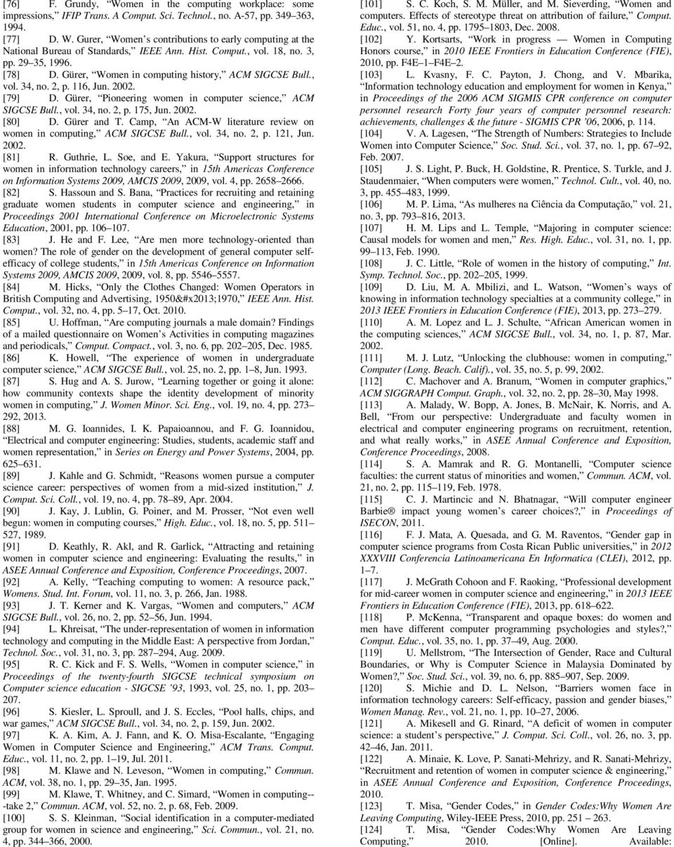 Gürer, Pioneering women in computer science, ACM SIGCSE Bull., vol. 34, no. 2, p. 175, Jun. 2002. [80] D. Gürer and T. Camp, An ACM-W literature review on women in computing, ACM SIGCSE Bull., vol. 34, no. 2, p. 121, Jun.