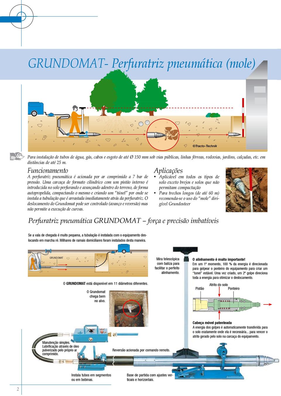 Uma carcaça de formato cilindrico com um pistão interno é introduzida no solo perfurando e avançando adentro do terreno, de forma autopropelida, compactando o mesmo e criando um túnel por onde se