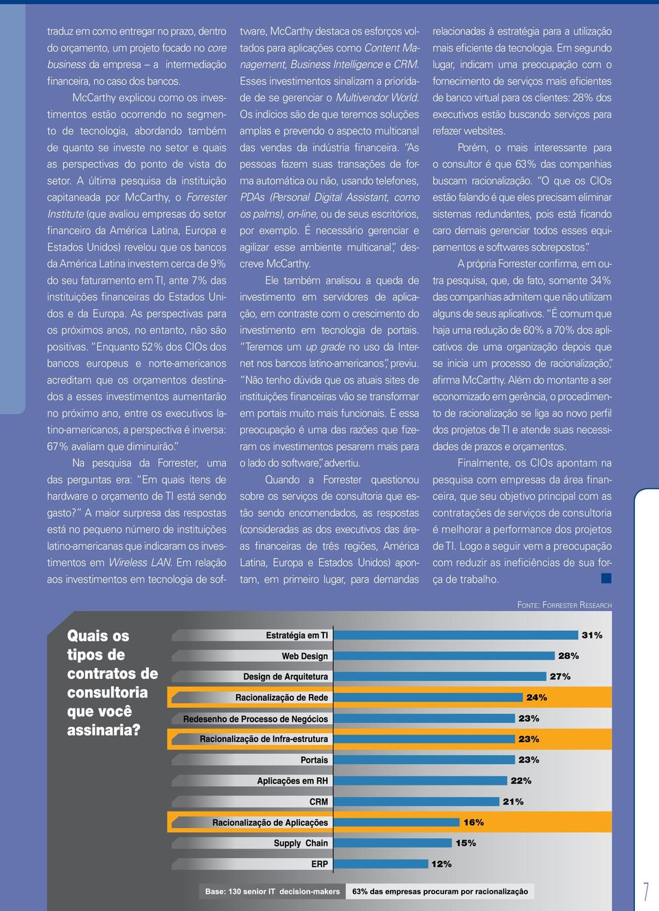 A última pesquisa da instituição capitaneada por McCarthy, o Forrester Institute (que avaliou empresas do setor financeiro da América Latina, Europa e Estados Unidos) revelou que os bancos da América