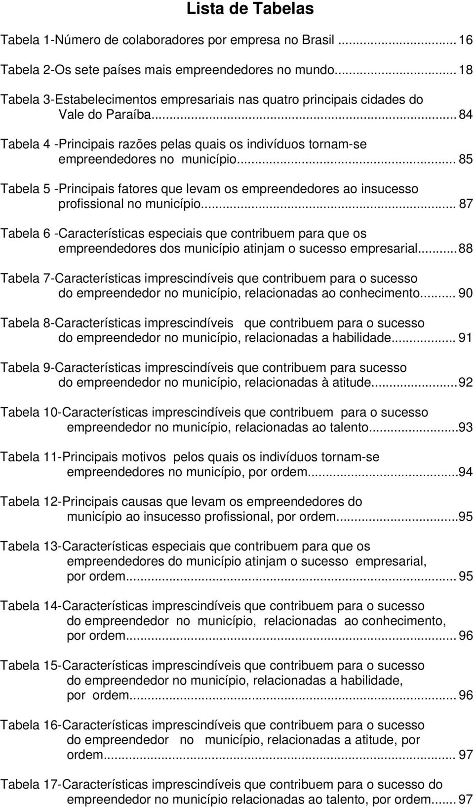 .. 85 Tabela 5 -Principais fatores que levam os empreendedores ao insucesso profissional no município.
