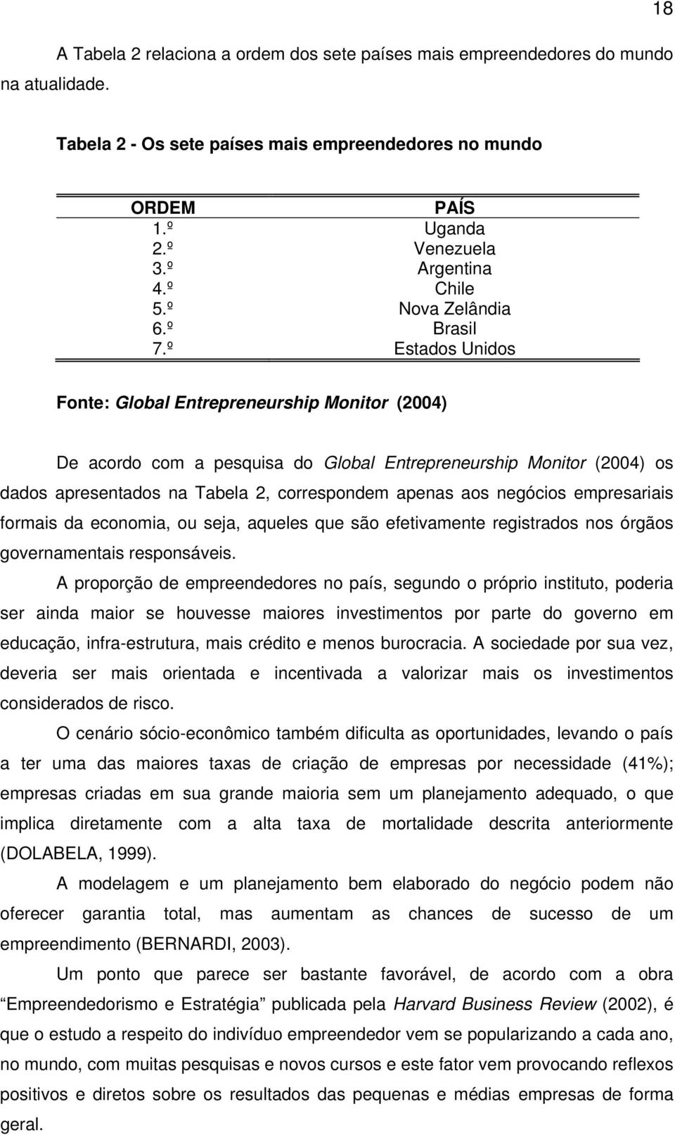 º stados Unidos Fonte: Global ntrepreneurship Monitor (2004) De acordo com a pesquisa do Global ntrepreneurship Monitor (2004) os dados apresentados na Tabela 2, correspondem apenas aos negócios