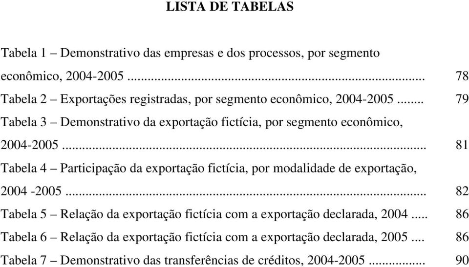 .. 79 Tabela 3 Demonstrativo da exportação fictícia, por segmento econômico, 2004-2005.