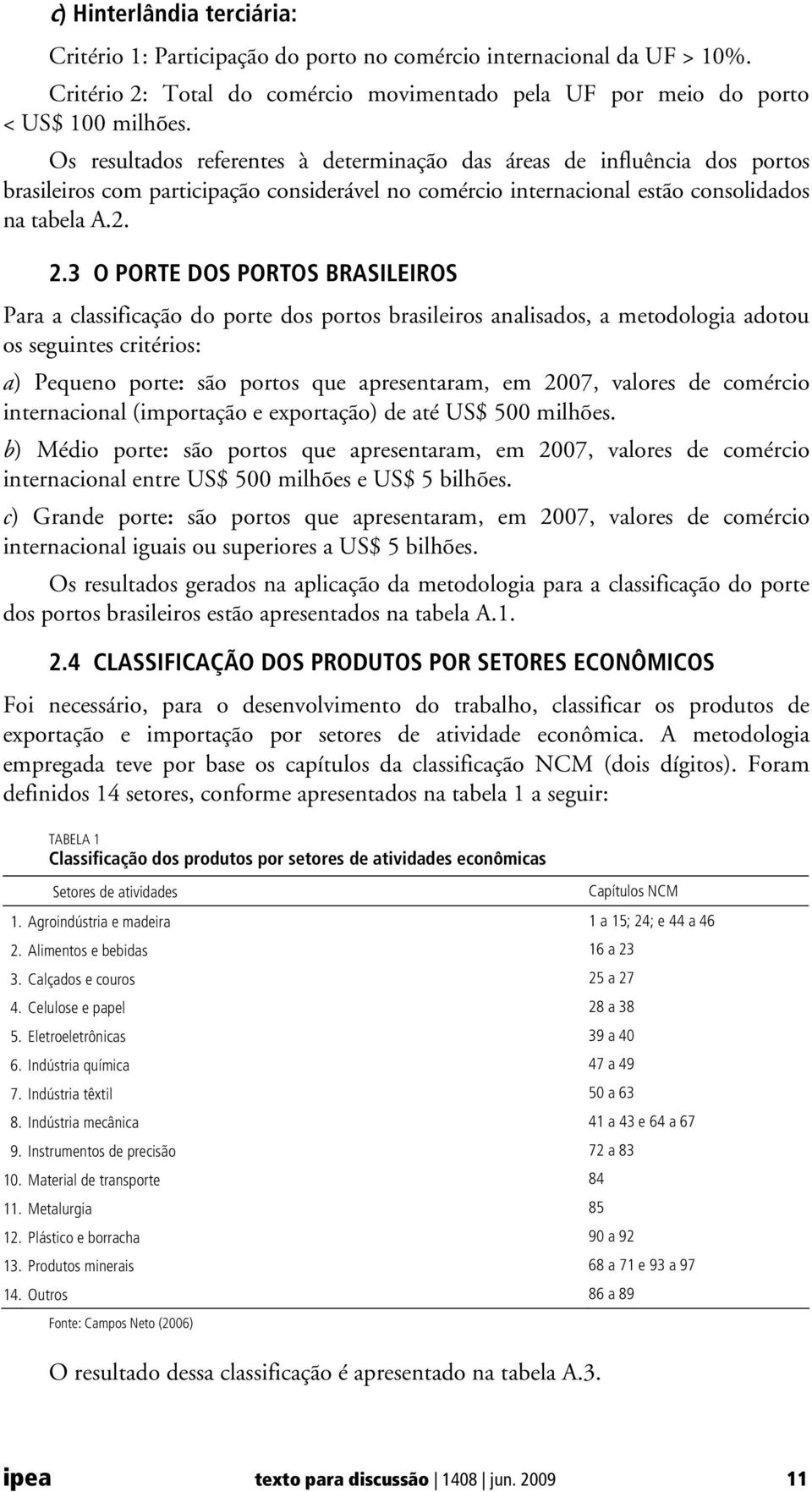 3 O PORTE DOS PORTOS BRASILEIROS Para a classificação do porte dos portos brasileiros analisados, a metodologia adotou os seguintes critérios: a) Pequeno porte: são portos que apresentaram, em 2007,