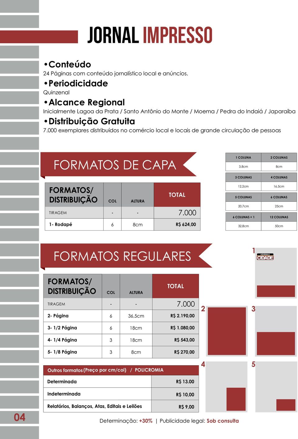 000 exemplares distribuídos no comércio local e locais de grande circulação de pessoas FORMATOS DE CAPA FORMATOS/ DISTRIBUIÇÃO COL ALTURA TIRAGEM - - 7.