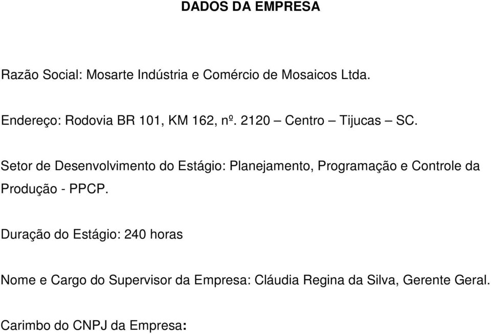 Setor de Desenvolvimento do Estágio: Planejamento, Programação e Controle da Produção - PPCP.