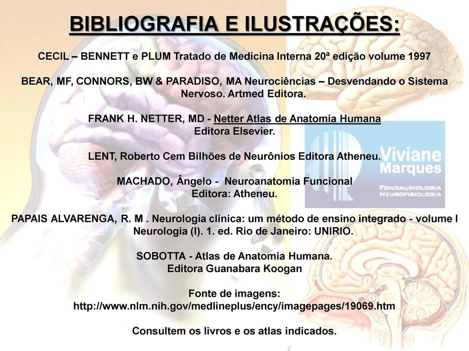 MACHADO, Ângelo - Neuroanatomia Funcional Editora: Atheneu. PAPAIS ALVARENGA, R. M. Neurologia clínica: um método de ensino integrado - volume I Neurologia (I). 1. ed.