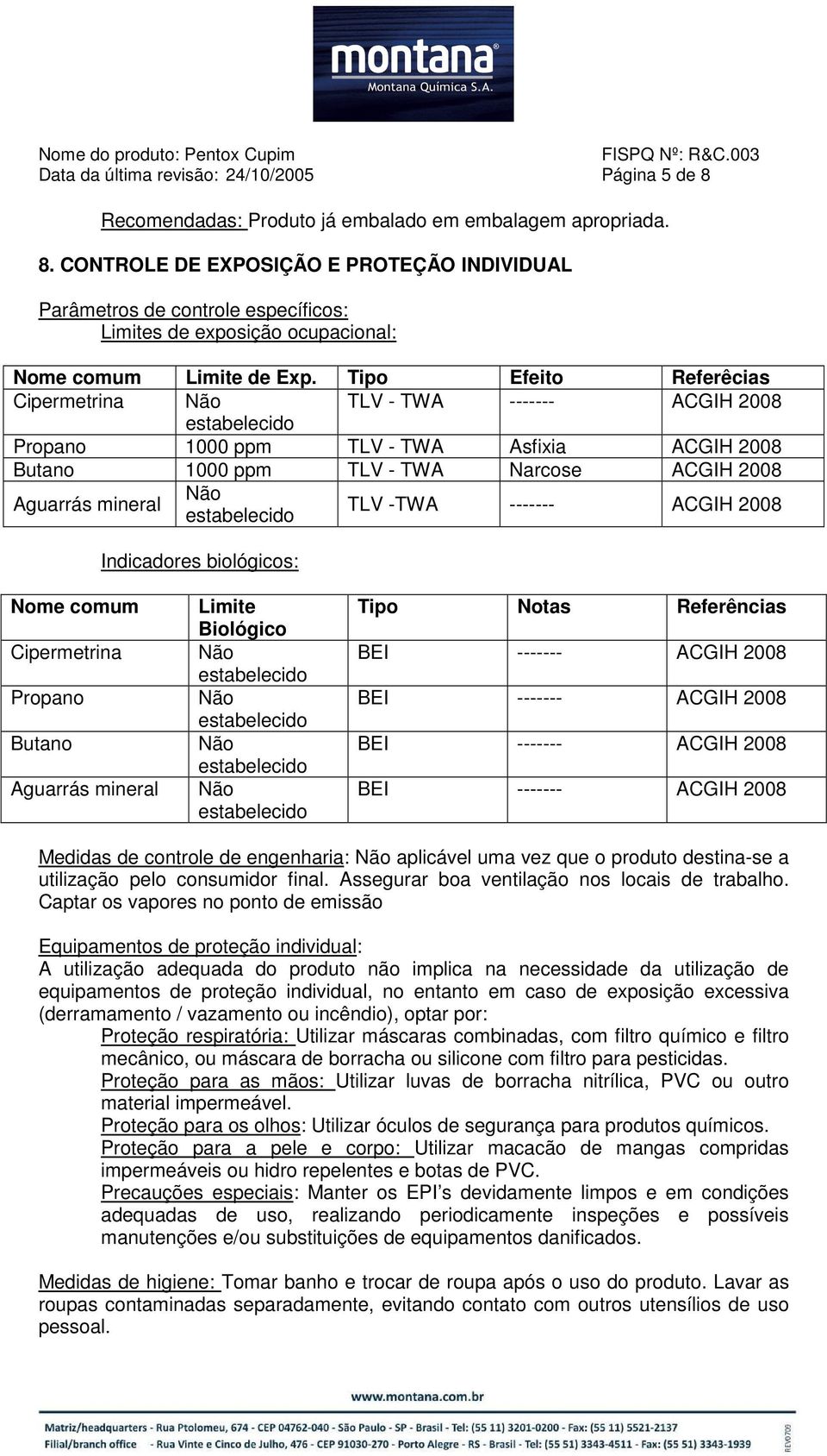 2008 Indicadores biológicos: Nome comum Cipermetrina Propano Butano Aguarrás mineral Limite Biológico Tipo Notas Referências BEI ------- ACGIH 2008 BEI ------- ACGIH 2008 BEI ------- ACGIH 2008 BEI