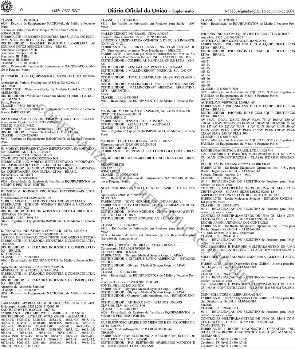 Compact 1MHz Sonopulse Compact 3MHz Sonopulse III 1MHz Sonopulse III 3MHz CLASSE : II 10360310025 8056 - Registro de Famílias de Equipamentos NACIONAIS, de Médio e Pequeno Portes ID COMÉRCIO DE