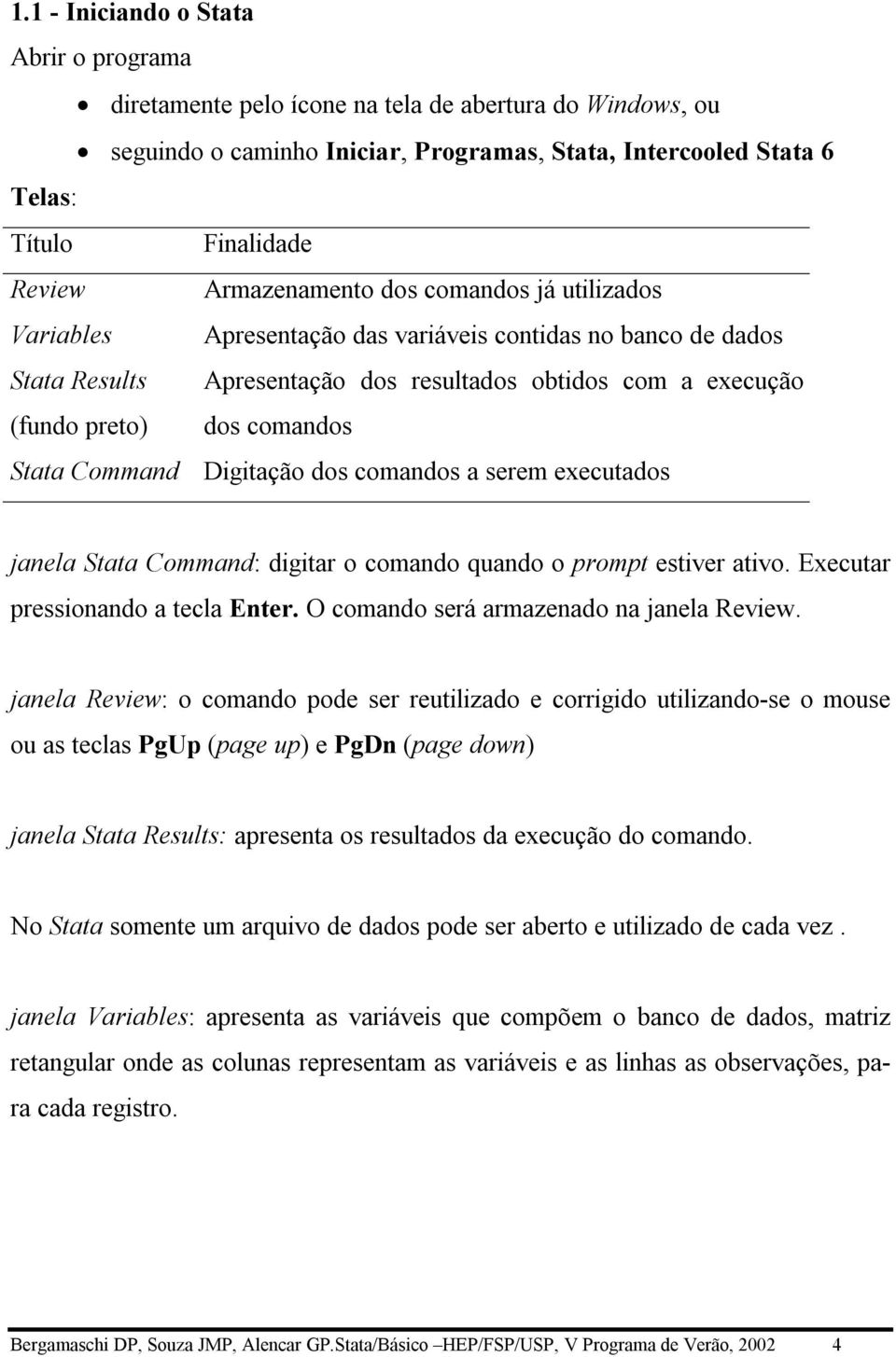 Stata Command Digitação dos comandos a serem executados janela Stata Command: digitar o comando quando o prompt estiver ativo. Executar pressionando a tecla Enter.