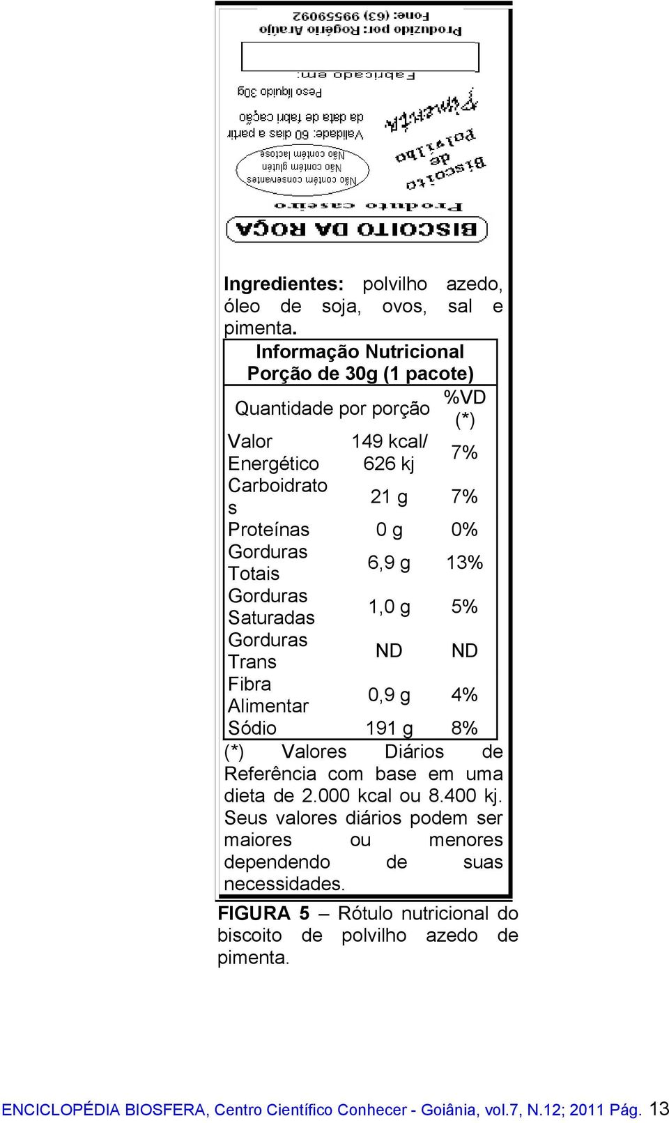 Totais 6,9 g 13% Saturadas 1,0 g 5% Trans ND ND Fibra Alimentar 0,9 g 4% Sódio 191 g 8% (*) Valores Diários de Referência com base em uma dieta de 2.