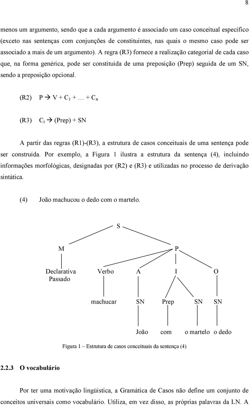 (R2) P V + C 1 + + C n (R3) C i (Prep) + SN A partir das regras (R1)-(R3), a estrutura de casos conceituais de uma sentença pode ser construída.