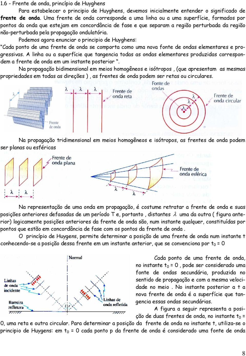 propagação ondulatória. Podemos agora enunciar o principio de Huyghens: Cada ponto de uma frente de onda se comporta como uma nova fonte de ondas elementares e progressivas.