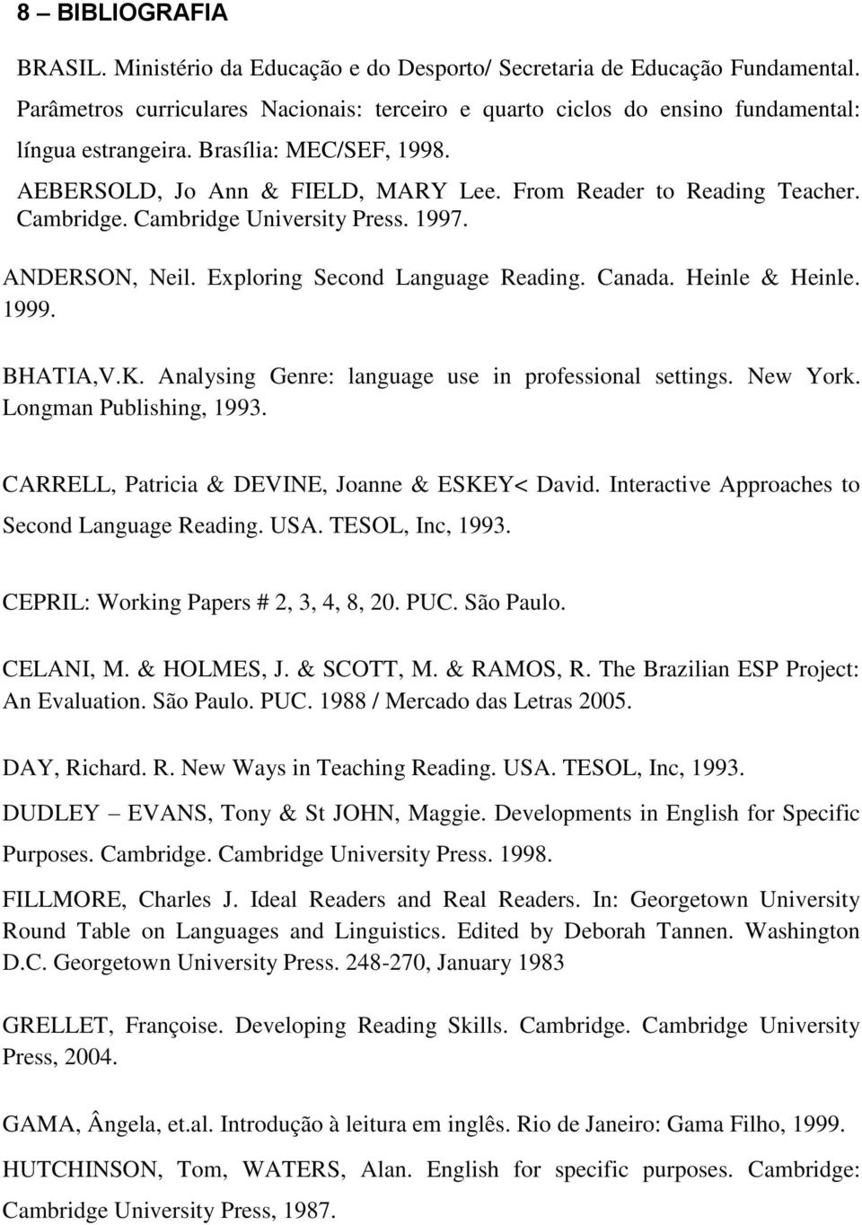 Heinle & Heinle. 1999. BHATIA,V.K. Analysing Genre: language use in professional settings. New York. Longman Publishing, 1993. CARRELL, Patricia & DEVINE, Joanne & ESKEY< David.