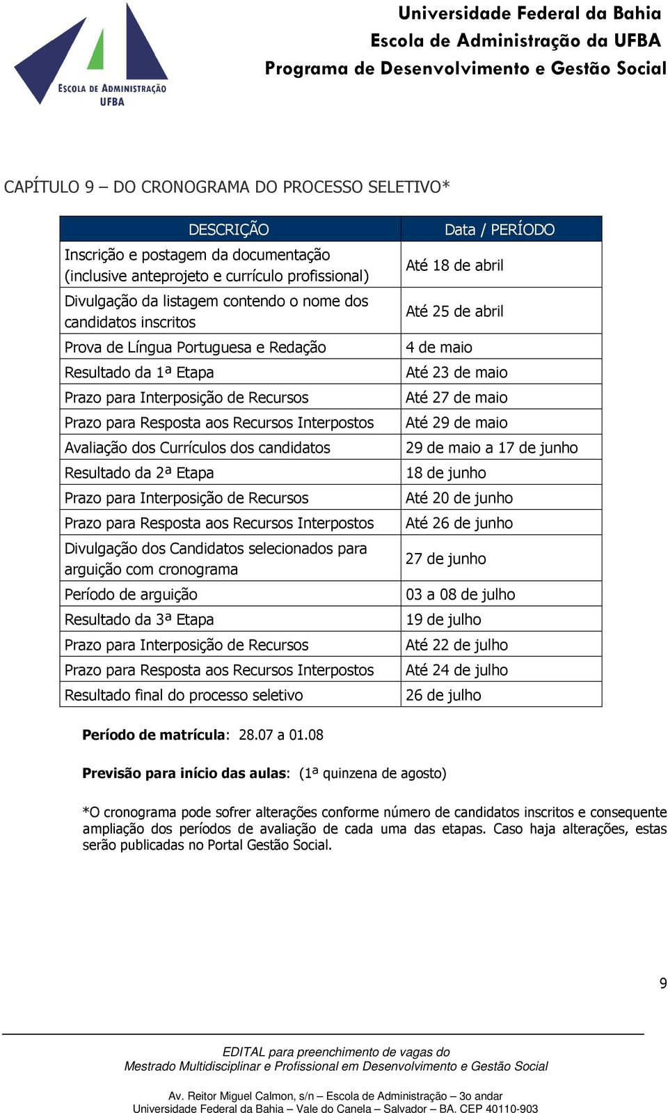 da 2ª Etapa Prazo para Interposição de Recursos Prazo para Resposta aos Recursos Interpostos Divulgação dos Candidatos selecionados para arguição com cronograma Período de arguição Resultado da 3ª