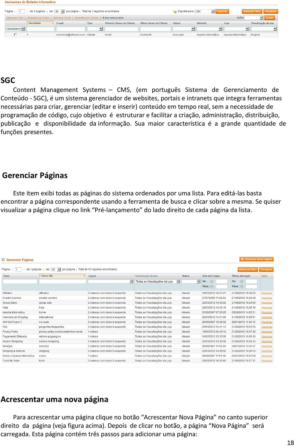 disponibilidade da informação. Sua maior característica é a grande quantidade de funções presentes. Gerenciar Páginas Este item exibi todas as páginas do sistema ordenados por uma lista.
