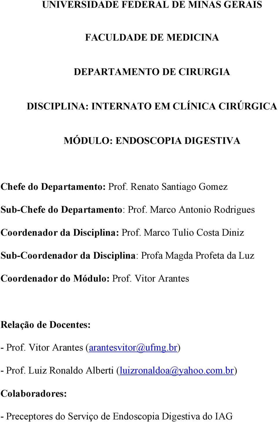 Marco Tulio Costa Diniz Sub-Coordenador da Disciplina: Profa Magda Profeta da Luz Coordenador do Módulo: Prof. Vitor Arantes Relação de Docentes: - Prof.