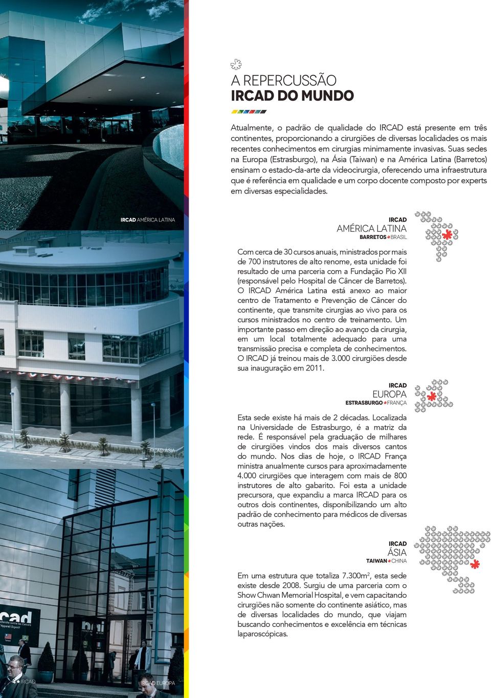 Suas sedes na Europa (Estrasburgo), na Ásia (Taiwan) e na América Latina (Barretos) ensinam o estado-da-arte da videocirurgia, oferecendo uma infraestrutura que é referência em qualidade e um corpo