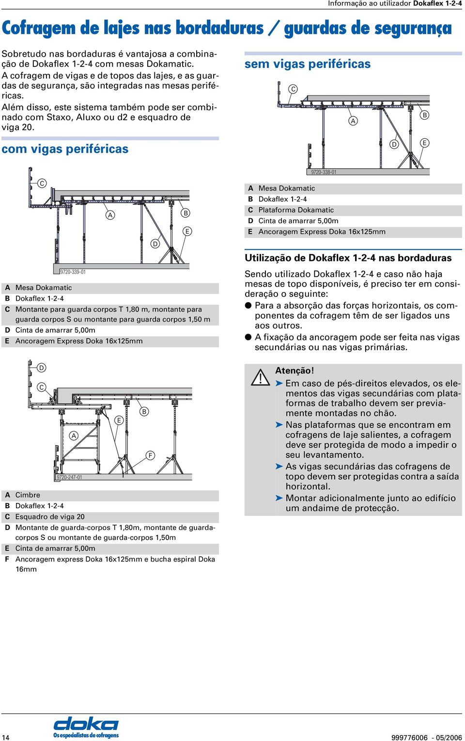 sem vigas periféricas C B com vigas periféricas D E 9720-338-01 Mesa Dokamatic B Dokaflex 1-2-4 C Montante para guarda corpos T 1,80 m, montante para guarda corpos S ou montante para guarda corpos