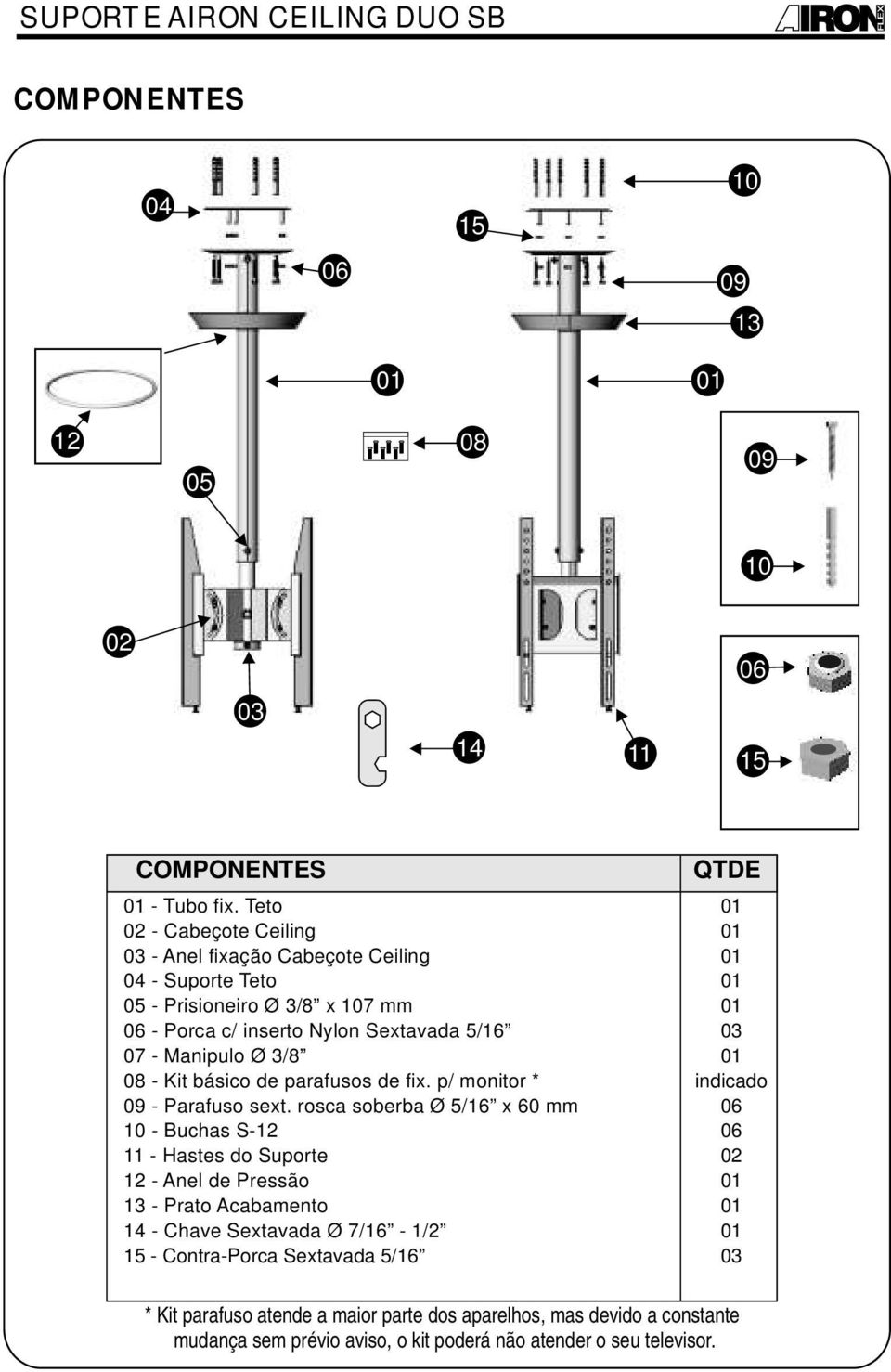 08 - Kit básico de parafusos de fix. p/ monitor * 09 - Parafuso sext.