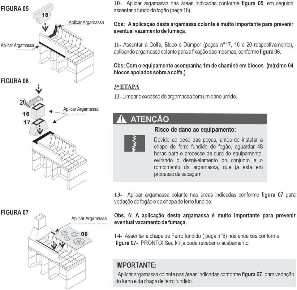 11- Assentar a Coifa, Bloco e Dümper (peças n 17, 16 e 20 respectivamente), aplicando argamassa colante para a fixação das mesmas, conforme figura 06.