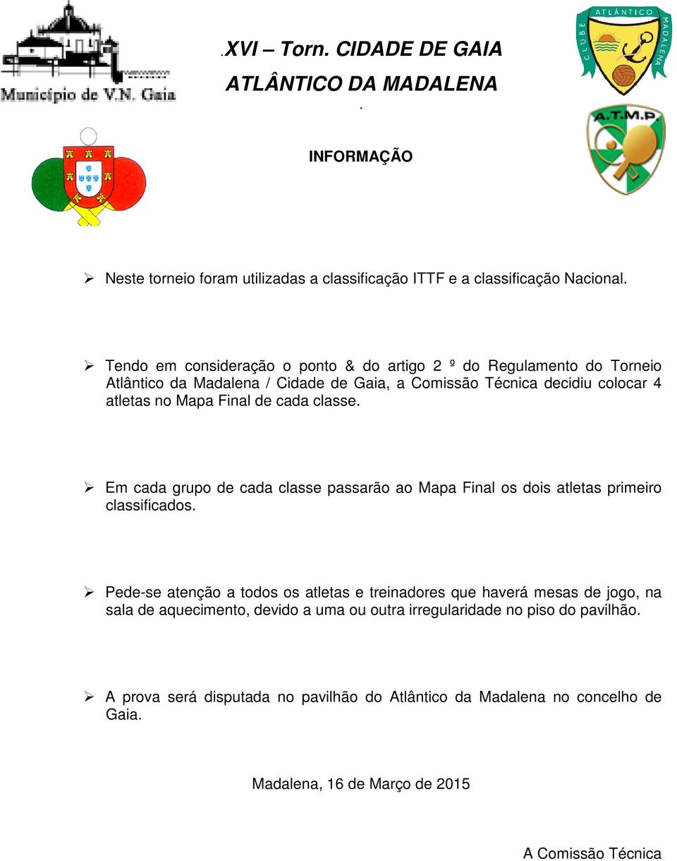 de cada classe. Em cada grupo de cada classe passarão ao Mapa Final os dois atletas primeiro classificados.