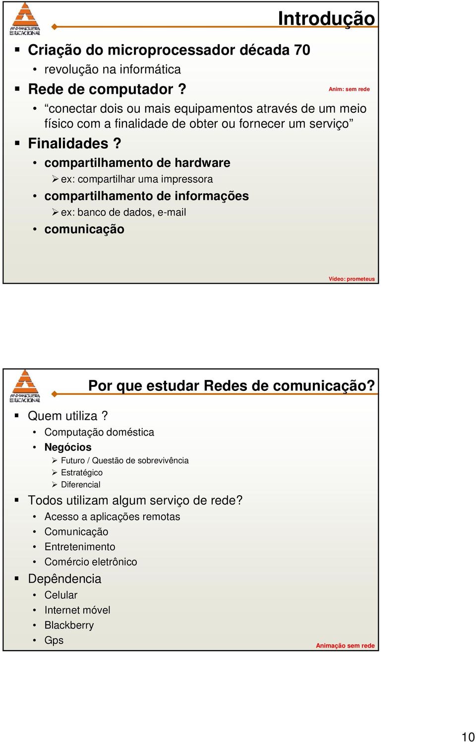 compartilhamento de hardware ex: compartilhar uma impressora compartilhamento de informações ex: banco de dados, e-mail comunicação Vídeo: prometeus Por que estudar Redes de