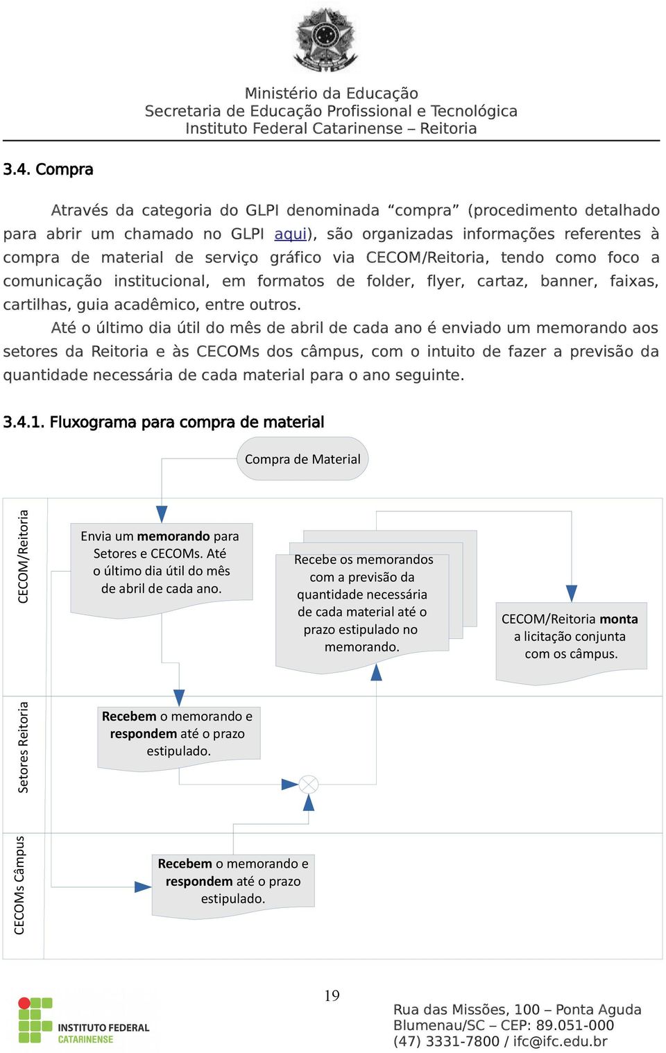 Até o último dia útil do mês de abril de cada ano é enviado um memorando aos setores da Reitoria e às CECOMs dos câmpus, com o intuito de fazer a previsão da quantidade necessária de cada material