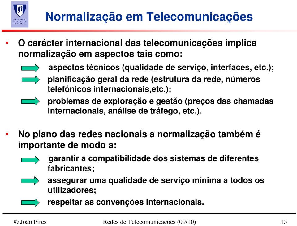 ); problemas de exploração e gestão (preços das chamadas internacionais, análise de tráfego, etc.). No plano das redes nacionais a normalização também é importante de