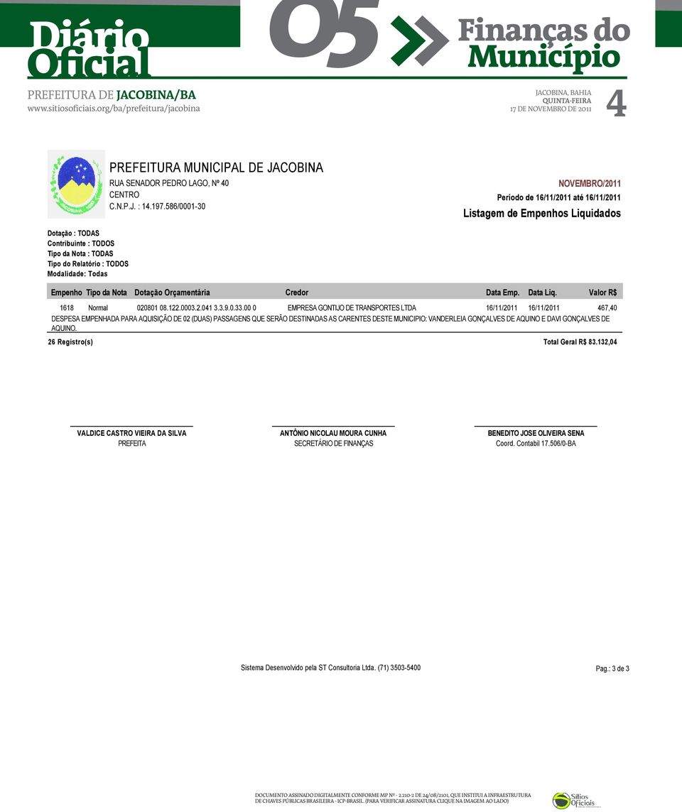 00 0 EMPRESA GONTIJO DE TRANSPORTES LTDA 16/11/2011 16/11/2011 467,40 DESPESA EMPENHADA PARA AQUISIÇÃO DE 02 (DUAS) PASSAGENS QUE SERÃO DESTINADAS AS CARENTES DESTE MUNICIPIO: