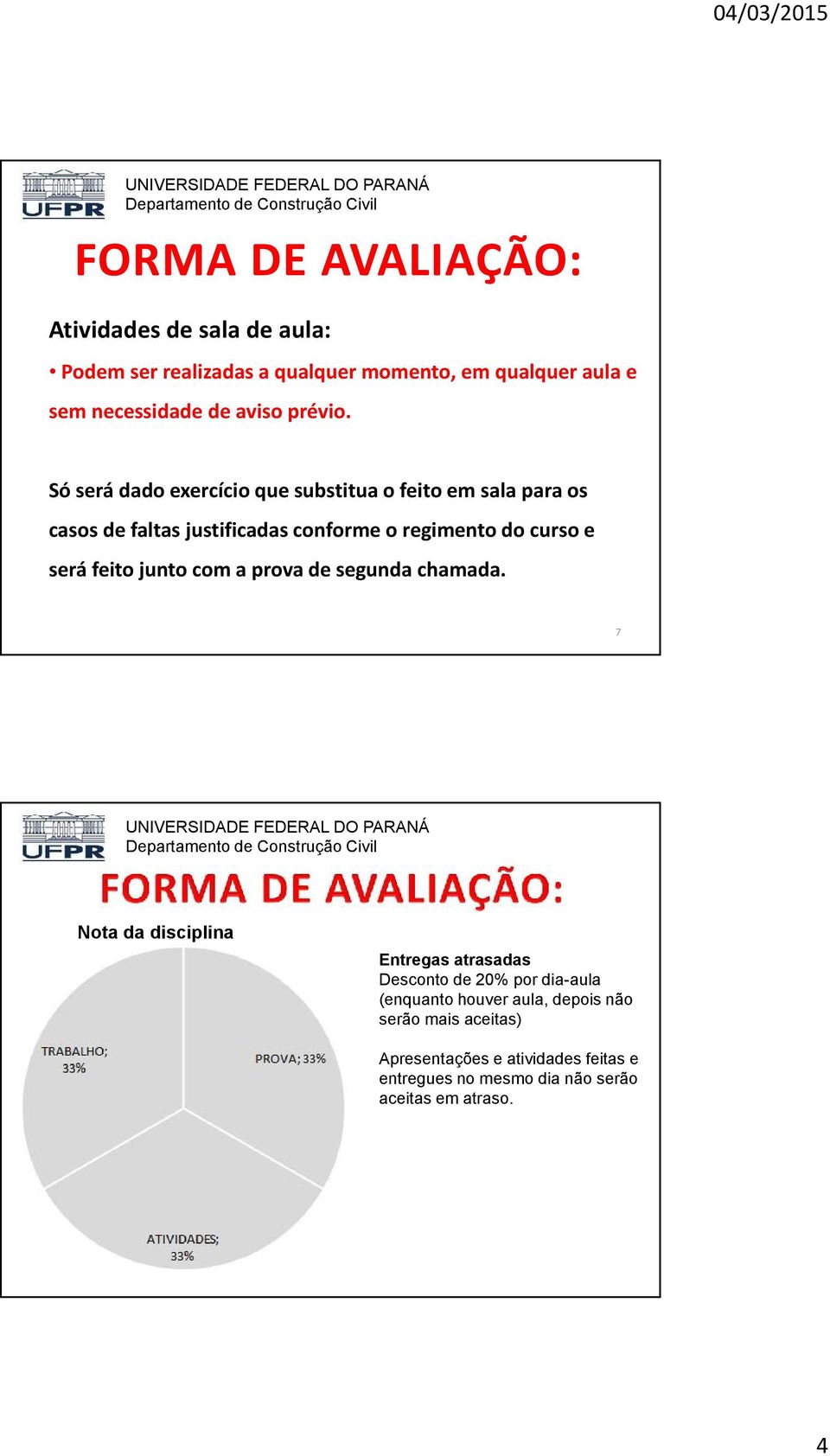 Só será dado exercício que substitua o feito em sala para os casos de faltas justificadas conforme o regimento do curso e será